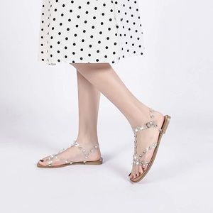 Clear Sandals Square Toe Ankle Strap Rhinestone Studded Flat Sandals